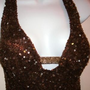Scala Bronze Sequened Beaded Gown Formal Dress